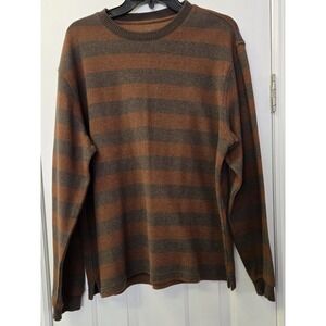 Van Heusen Studio Mens Large Brown Grey Striped Long Sleeve Crew Neck Shirt